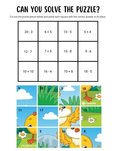 If you are looking for activities to help your child practice addition and subtraction up to 20, you have come to the right place. Gambar Puzzle, Addition And Subtraction Puzzle, Math Puzzles For Kids, Addition With Pictures, Addition And Subtraction To 20, Puzzle Pictures, Kindergarten Math Worksheets Free, Math Pictures, Math Coloring Worksheets