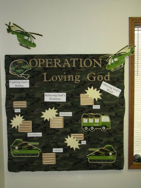 cofC Bible school teachers I'm in the Lord's Army. They provide the idea...but I came up w/ the supplies. Found the camo material (background) at a yard sale. The tank, helicopter, etc was a package I found at Hobby Lobby in the their "party" section. It was actually decorations for an army themed birthday. There was only one thing in the package I couldn't use...reasonably priced...even better w/ a coupon! Made the crates out of cardstock and popsicle sticks. Did the lettering on my Cricut. Sunday School Themes, Army Themed Birthday, Camp Vbs, Army Theme, Vacation Bible School Themes, Army Decor, Sunday School Decorations, The Si, Army Party