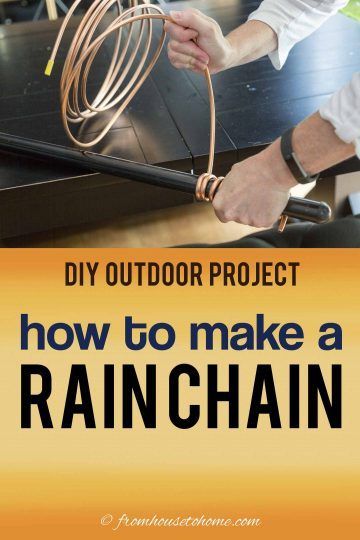 This homemade copper rain chain is awesome! The tutorial has simple step-by-step instructions for making the rain chain and the rain chain installation. It looks beautiful when it's hung up on the house. One of my favorite water features! #fromhousetohome #gardenideas #gardeningtips #diyprojects #gardenart #rainchains Make A Rain Chain, How To Make A Rain Chain, Rain Chain Installation, Rain Chain Diy, Copper Rain Chain, Chain Tutorial, Copper Rain Chains, Rain Chains, Under The Rain