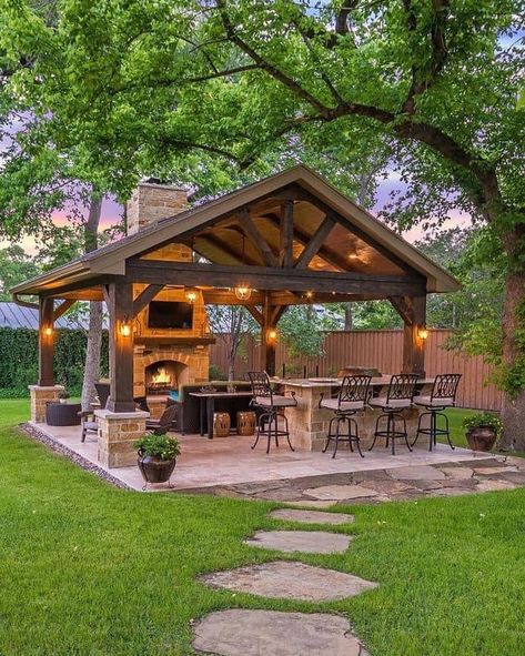 Backyard Country Landscaping, Outdoor Cabana Ideas Backyards, Outdoor House Ideas, Half Acre Backyard Ideas, Outdoor Shelter Ideas, Covered Outdoor Kitchen Design, Pavilion Kitchen, Free Standing Patio, Backyard For Entertaining