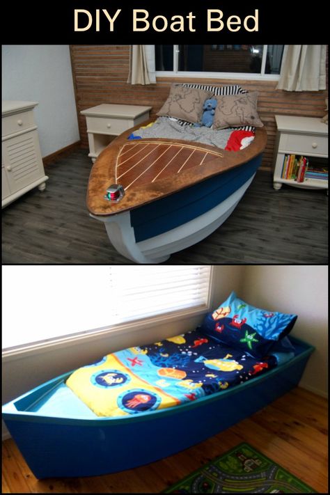 Unique Kids Beds Boys, Boat Beds For Boys, Toddler Boat Bed, Unique Kids Beds, Underwater Room, Kids Beds For Boys, Boat Furniture, Toddler Bed Boy, Boat Bed