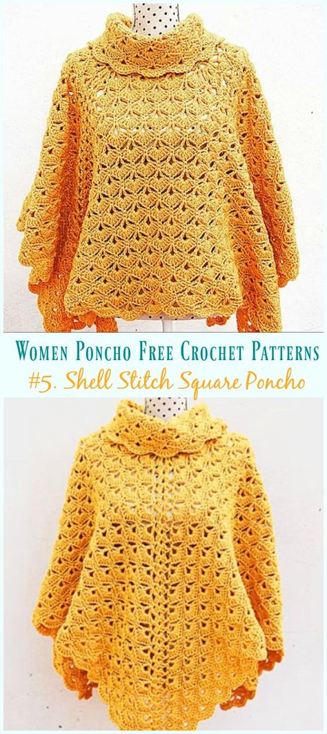 Shell Stitch Square Poncho Crochet Free Pattern Video- Women #Poncho; Free #Crochet; Patterns Pola Rok, Col Crochet, Poncho Au Crochet, Crochet Shawl Free, Crochet Sweater Free, Crochet Poncho Free Pattern, Poncho Crochet, Gilet Crochet, شال كروشيه