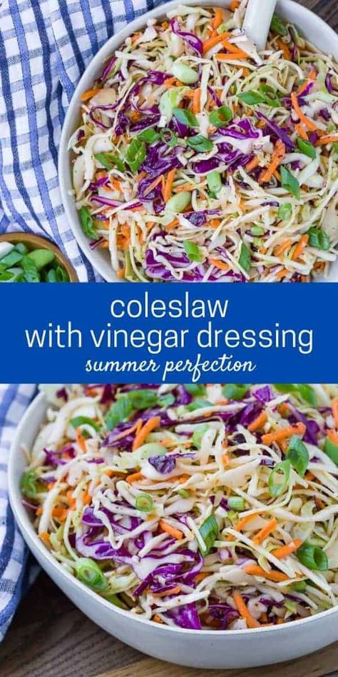 Tangy vinegar coleslaw is crunchy and bursting with color and flavor. With a mayonnaise-free dressing, this coleslaw is a healthy alternative to creamy coleslaw. Coleslaw With Poppy Seeds, Coleslaw Recipe Vinagrette, Light Coleslaw Dressing, Non Creamy Coleslaw, Creamy Vinegar Coleslaw Recipe, Cole Slaw Dressing Recipe Vinegar, Slaw Dressing Recipe Vinegar, Oil And Vinegar Coleslaw Dressing, Coleslaw Vinaigrette Dressing