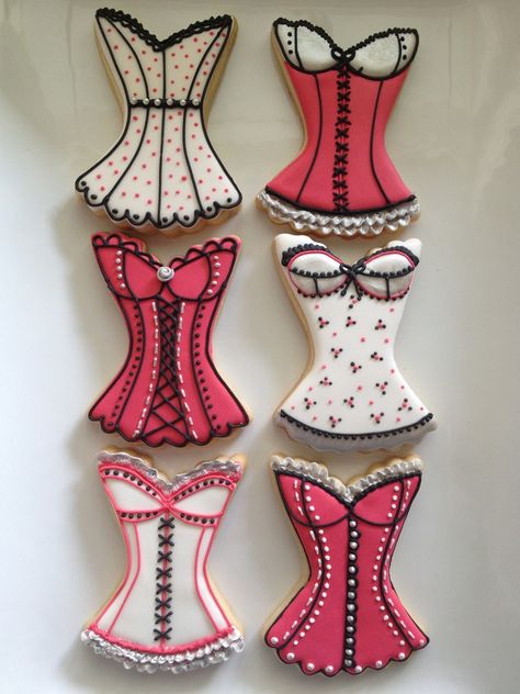 Corset cookies Corset Cookies, Cookie Clothes, Lingerie Cookies, Bachelorette Cookies, Bachelorette Cake, Bridal Cookies, Cookie Connection, Bridal Shower Cakes, Fancy Cookies