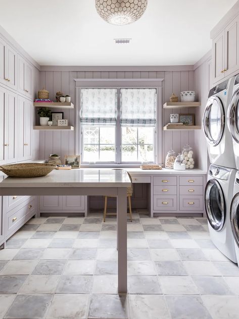 Surprise! This Lavender Laundry Room Is the Kids’ Favorite Hangout | domino Purple Utility Room, Best Flooring For Laundry Room, Laundry Room Purple, Lavender Laundry Room, Purple Laundry Room, Upstate House, Laundry Renovation, Mindy Gayer Design, Purple Ideas