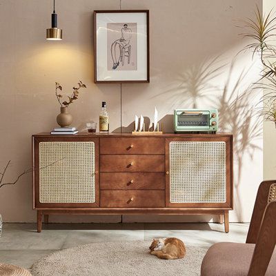 Solid wood Rattan side cabinet | WIKI BOARD 63 Sideboard Wood in Brown, Size 30.7 H x 63.0 W x 15.7 D in | Wayfair Buffet Cabinet Living Room, Kitchen Wall Storage Cabinets, Japanese Style Living Room, Dream Cabinet, Entrance Cabinet, Rattan Sideboard, Cabinet Vintage, Solid Wood Kitchens, Dining Cabinet