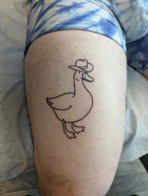 160+ Duck Tattoo Designs (2023) - TattoosBoyGirl Goose With Cowboy Hat Tattoo, Duck With Hat Tattoo, Duck Cowboy Tattoo, Funny Chicken Tattoo, Funny Animal Tattoos Simple, Tattoo Duck Small, Duck Flash Tattoo, Goose Bumps Tattoo, Funny Goose Tattoo