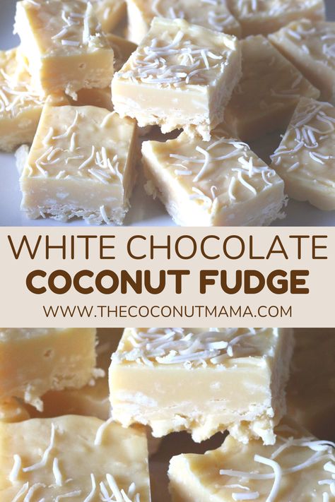 This decadent white chocolate coconut fudge is easy to make and only requires three ingredients. This is a quick dessert for any occasion. White Chocolate Fudge Easy, White Fudge Recipe Easy, Coconut Fudge Recipe, Coconut Oil Fudge, Gluten Free Dairy Free Recipes Dinner, White Fudge, White Chocolate Fudge Recipes, Coconut Fudge, Clean Eating Sweets