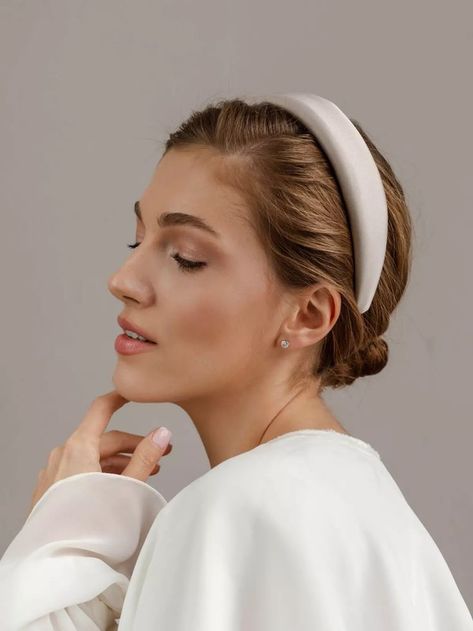 2024's Top Wedding Hairstyles: Headbands for Short to Long Hair Bridal Satin Headband, Drop Veil With Headband, Bridal Padded Headband, White Bridal Headband, Bridal Bun With Headband, Head Band Updo, White Headband Wedding, Low Bun Wedding Hair With Headband, Updo With Headband Wedding