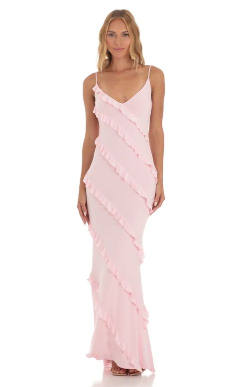 Elowen Ruffle Maxi Dress in Pink | LUCY IN THE SKY Weeding Guest Dress, Prom 23, Sorority Formal, Robes Glamour, Pink Ruffle Dress, Pink Long Dress, Sky Pink, Lucy In The Sky, Ruffle Maxi Dress