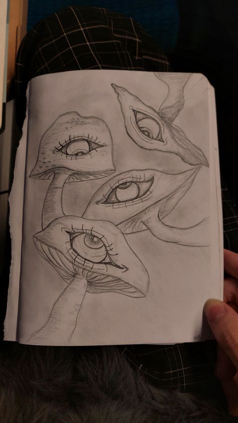 Trippie Sketches, Eye Mushroom Drawing, Mushroom Eyes Drawing, Sketching Mushrooms, Mushroom With Eyes Drawing, Third Eye Sketch, Mushroom Eye Drawing, Horror Drawing Ideas Easy, Mushroom People Drawings