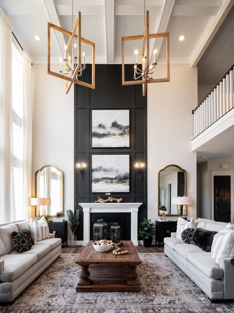 Super High Ceiling Living Room, Family Room Tall Ceilings, Fireplace With Pillars Columns, Large Open Family Room, Decorating A 2 Story Wall In Living Room, Two Story Living Room With Fireplace, Keystone Custom Homes, Talk Fireplace Ideas, Living Room Tall Ceilings Decor