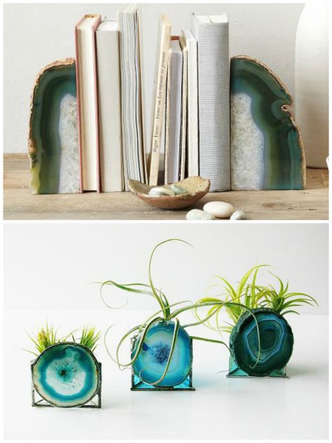 Books In Shelves, Interior With Plants, Furniture Inspired By Nature, Cristal Stone, Geode Decor, Nice Room, Agate Decor, Agate Art, Agate Bookends