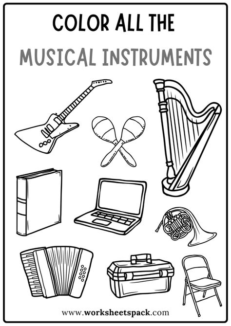 Musical Instruments Coloring Pages Free PDF - worksheetspack Music Worksheets For Preschool, Music And Instruments Preschool Theme, Kindergarten Music Activities, Music Kindergarten, Father's Day Prayer, Music Class Worksheets, Music Crafts Preschool, Music Coloring Pages, Music Coloring Sheets