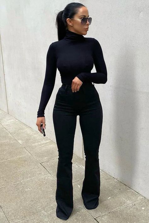 Deep In My Soul Flare Jeans - Black | Fashion Nova, Jeans | Fashion Nova High Waist Black Top For Fall, Flare Denim Jeans, Jeans Fashion, Flare Leg Jeans, Fashion Nova Jeans, Black Turtleneck, Blazer With Jeans, Denim Flares, Professional Outfits