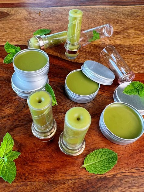 Mint Scrub Diy, Lemon Balm Lip Balm Recipe, Lemon Lip Balm, Lip Diy Balm, Things To Make With Mint Leaves, Mint Oil Recipe, Pine Needle Soda, Mint Salve, Mint Chapstick