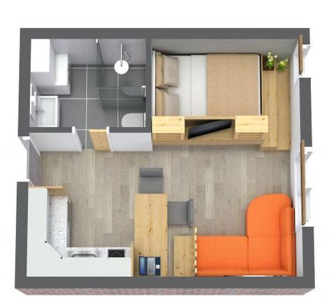 Studio Apartment With Clever Storage Studio Apartment Plan, Small Apartment Plans, Studio Apartment Floor Plans, Apartemen Studio, Cozy Studio Apartment, Studio Floor Plans, Tiny Studio Apartments, Small Apartment Interior, Rumah Minecraft