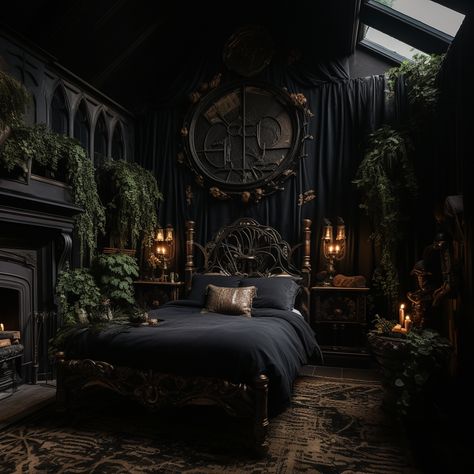 Gothic Nature Aesthetic Bedroom, Black And Green Gothic Bedroom, Forest Witch Bedroom Aesthetic, Dark Cottage Core Aesthetic Bedroom, Gothic Forest Bedroom, Dark Fairy Room Aesthetic, Dark Enchanted Forest Bedroom, Gothic Master Bedrooms Decor, Slytherin Aesthetic Room Ideas