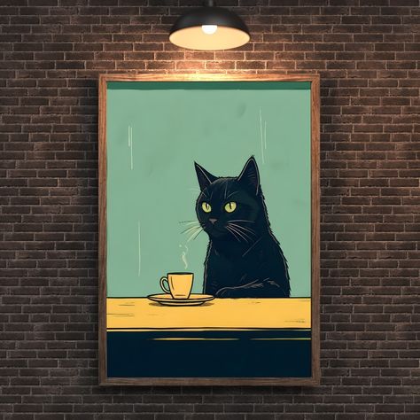 Cat with Coffee - Modern Retro Frameless Canvas Wall Art for Home, Office, Bedroom. Portrait Deco Style Ink Print Poster, Wall Hanging Decor #gift #wallart #decor #cat #coffee Cat Tufting, Cute Cat Painting, Small Canvas Painting Ideas, Cat With Coffee, Modern Cat Art, Coffee Posters, Cat And Coffee, Wall Art Cat, Coffee Cat