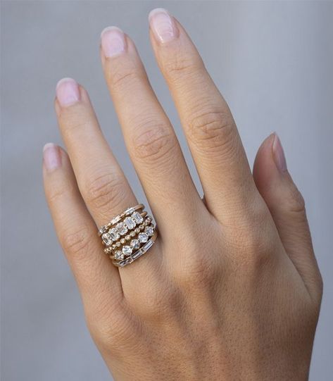 Gold Band Ring Stack, Stacked Wedding Bands For Women, Antique Ring Stack, Diamond Ring Stacking Ideas, Ring Stacks Wedding, Diamond Band Stack, Stacked Diamond Rings, Emerald Cut Band, Diamond Ring Stack