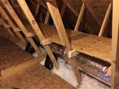 Diy Storage Shelves In The Attic  •  Free tutorial with pictures on how to make a shelf in under 120 minutes Arbejdsplads Garage, Attic Storage Shelves, Garage Attic Storage, Attic Organization, Plan Garage, Laundry Room Storage Shelves, Garage Attic, Attic Renovation Ideas, Diy Storage Shelves