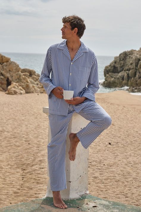 The striped pyjamas are already a classic of the brand, in this case a little wider Kodak style and combining the colors white and indigo blue. Some tones that are very flattering and that provide freshness and light. The fabric is a seersucker made of the best 100% cotton with a little texture, soft and pleasant to the touch, ideal for areas where it is cool in summer or for mid-season. 100% high-quality cotton.  Machine wash 30°C max. Do not bleach. Do not use dryer. Warm iron <150°C  Designed Matching Pajamas For Couples Casual, Cheap Comfortable Loungewear Boxer Briefs, Affordable Casual Men's Pajama Shorts, Pajama Set Men Cute, Luxury Men's Loungewear Bottoms, Cheap Men's Loungewear Tops, Boy Pajamas Adult, Cheap Striped Pajama Shorts, Louis Vuitton Pajamas For Men