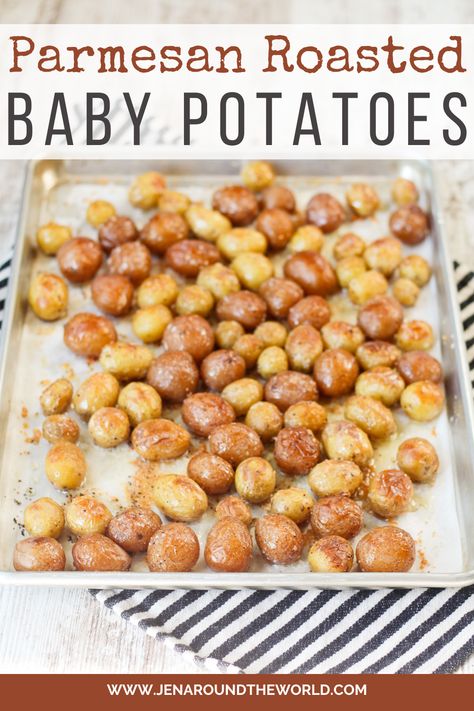 These Parmesan Roasted Baby Potatoes are simply amazing and will make all potato lovers scream with joy. Soft on the inside and crispy on the outside with a crunchy Parmesan coating. Parmesan Baby Potatoes, Oven Roasted Baby Potatoes, Crispy Parmesan Potatoes, Parmesan Roasted Potatoes, Roasted Baby Potatoes, Loaded Baked Potato Soup, Grilled Potatoes, Loaded Baked Potatoes, Baby Potatoes