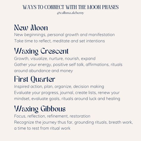 Living in alignment with the moon’s cycles & engaging in intentional rituals is a personal journey 🌘🌑🌒 Each of the 8 phases of the moon holds its own unique energy and can be associated with specific intentions and rituals ✨🌙💫 NEW MOON - New beginnings, personal growth & manifestation. WAXING CRESCENT - Growth, motivation & creativity. FIRST QUARTER - Evaluate your progress and make necessary adjustments to achieve your goals. WAXING GIBBOUS - Appreciate the progress made & express grati... Moon First Quarter, Waxing Gibbous Moon Ritual, Waxing Moon Rituals, Waxing Crescent Moon Ritual, First Quarter Moon Ritual, Let Go Of Negative Energy, 8 Phases Of The Moon, Growth Manifestation, Waxing Gibbous Moon