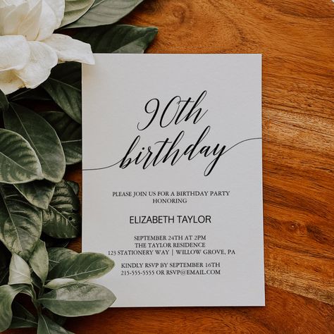 Elegant Black Calligraphy 90th Birthday Invitation - Birthday Invitation Typography Elegant, Blue Calligraphy, Romantic Minimalist, Elegant Birthday Invitations, 90th Birthday Party, 90th Birthday Invitations, Whimsical Typography, Simple Birthday Party, 95 Birthday