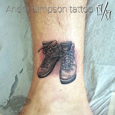 Hiking boots tattoo Hiking Boot Tattoo, Boots Tattoo, Boot Tattoo, Simpsons Tattoo, Hiking Boot, Small Tattoos, Soulmate, Hiking Boots, Tattoo Ideas