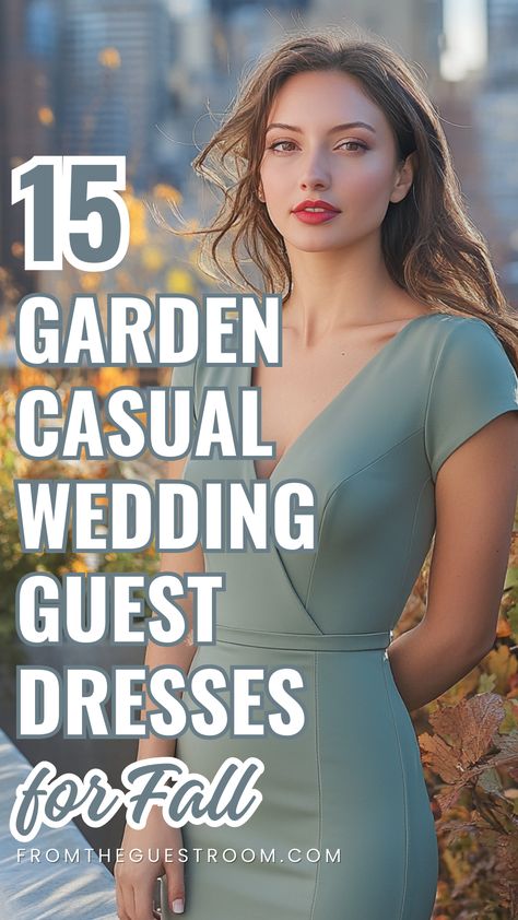 a woman wears a garden casual wedding guest dress Wedding Guest Mountain Wedding, Outdoor Fall Wedding Dress Guest, Informal Wedding Attire, Wedding Guest Outfit Fall Casual, Fall Backyard Wedding Guest Outfit, Fall Casual Wedding, Dressy Casual Wedding Attire, Outdoor Wedding Outfit Guest, Casual Fall Wedding Outfit Guest