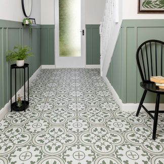 Tons of Tiles Collections | Walls and Floors Green Pattern Bathroom Floor Tiles, Green Pattern Tile Bathroom, Green Pattern Floor Tiles, Patterned Lino Floor, Bathroom With Green Floor Tile, Green Patterned Floor Tiles, Tile Hallway Floor Entrance, Tiled Floor Hallway, Green Panelled Hallway