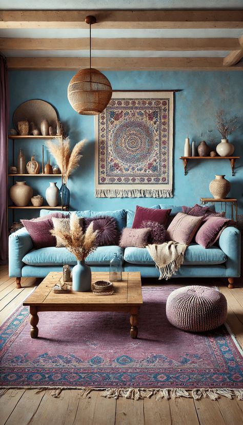 Blue Boho Living Room, Boho Living Rooms, Living Room Design Boho, Teal Rooms, Bold Eclectic, Room Scandinavian, Colorful Room, Thrifted Decor, Moroccan Living Room