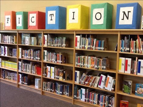 Fiction Section - Maybe one Fiction box on each shelf... Easy boxes and Biography box too... School Library Book Displays, Library Rules, Library Decorations, School Library Decor, Library Shelving, Library Signage, Library Space, School Library Design, Decorated Boxes