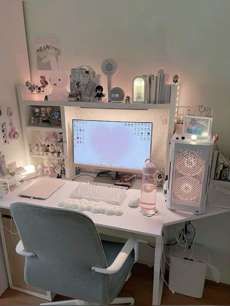 Study Desk Aesthetic, Desk Aesthetic, Study Desk Decor, White Desk, Room Redesign, Pinterest Room Decor, Study Room Decor, Aesthetic White, Gaming Room Setup