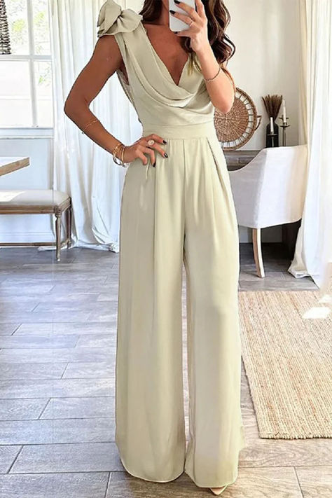 Sexy Solid Asymmetrical Scarf Collar Jumpsuits Collar Jumpsuit, Fall Winter Dresses, Jumpsuit Elegant, Asymmetrical Neckline, Romper With Skirt, Long Blouse, Spring Outfits Casual, Casual Summer Outfits, Apricot