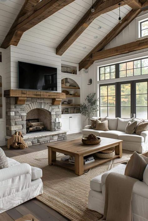 16 Rustic Living Room Ideas: Crafting Elegance In Comfort And Tradition | DIY Vibes Whitewashed Brick, Rustic Minimalism, Rustic Living Room Ideas, Farmhouse Living Room Design, Modern Country Decor, French Country Decorating Living Room, Cozy Farmhouse Living Room, Country Style Living Room, Rustic Farmhouse Living Room