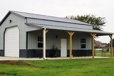 Pole Barn Shop Loft, Outdoor Shop Building, Backyard Shop Buildings, Pole Barn Lean To, Pole Barns With Lean To, Farmhouse Esthetics, Pole Barn Colors Scheme, 30x40 Pole Barn Garage, Pole Barn With Porch