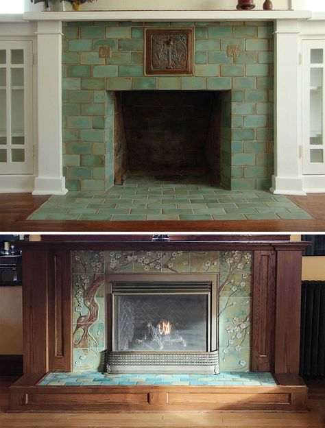 How To Tile Fireplace Surround, Craftsman Fireplace Tile, Bungalow Fireplace, Craftsman Style Fireplace, Tile Around Fireplace, Fireplace Hearth Tiles, 1920s Craftsman, Hearth Tiles, Craftsman Fireplace