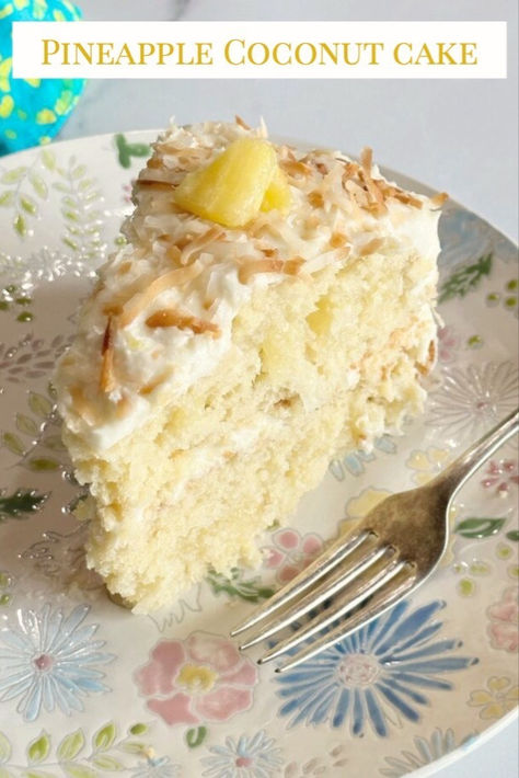 A slice of pineapple coconut cake topped with toasted coconut and a piece of pineapple. Pineapple Coconut Cake, Coconut Pineapple Cake, Fluffy Icing, My Country Table, Pineapple And Coconut, Pineapple Desserts, Coconut Cake Recipe, Pineapple Recipes, Homemade Frosting