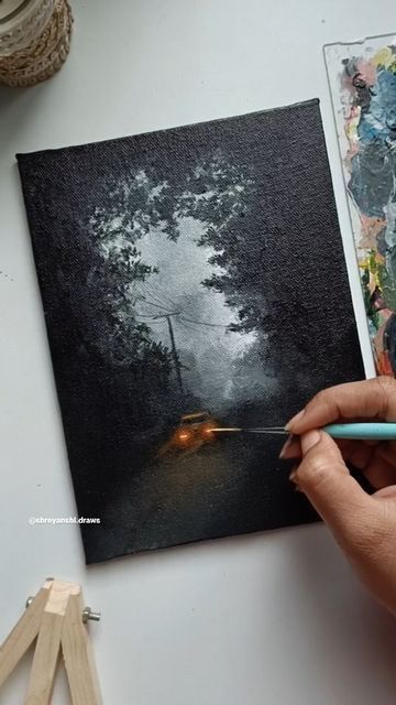 Shreyanshi Sahoo | ARTIST on Instagram: "Thoroughly enjoyed painting this 🌿🌪️ After watching @elysian.vibes 's gorgeous misty forest paintings, I couldn't resist myself from painting one 🫶🏼 . Acrylic on canvas . . . . . #shreyanshidraws [Misty forest painting, acrylic painting, canvas painting, forest road painting, art aesthetics, mini canvas acrylic painting]" Best Selling Paintings, Dark Forest Acrylic Painting, Dark Forest Painting Acrylic Easy, Acrylic On Canvas Ideas, Painting Ideas Night, Dark Painting Ideas On Canvas, Paintings On Black Paper, Simple Acrylic Paintings Landscape, What To Paint On A Black Canvas