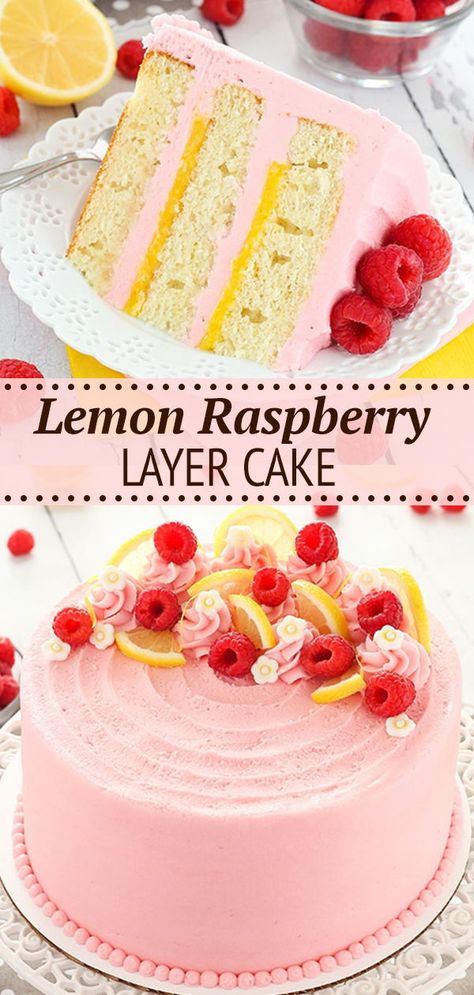 Homemade Lemon Cake Recipe, Orange Layer Cake, Raspberry Layer Cake, Homemade Lemon Cake, Raspberry Lemon Cakes, Raspberry Frosting, Raspberry Orange, Curd Filling, Cake Lemon