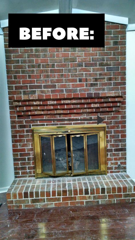 Wood Beam Mantel DIY For Under $30- Fireplace Makeover Corner Brick Fireplace Ideas, Painting Fireplace Insert, Gas Fireplace Wall, Fireplace Insert Ideas, Whitewashing Brick, Whitewash Brick Fireplace, Fireplace Makeover Diy, Update Brick Fireplace, Gas Fireplace Makeover