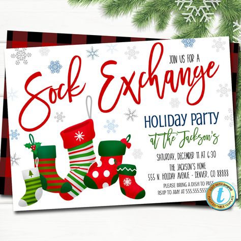 "Ugly Sock Christmas Party Invitation - editable Template. Use this holiday sock exchange Christmas party invitation for your festive holiday event of any kind - all text is editable! TEMPLATE FORMATTED SIZES: 5\" x 7\" (Invite) Front + Back IMPORTANT: This is a DIY self-editing digital, printable product - I do not edit this file for you. However, I do offer editing services at an extra charge, please reach out if you are interested. * Please note that you are not able to edit this file on an i Sock Exchange Party Invitations, Sock Exchange Party, Christmas Socks Exchange, Sock Party, Volunteer Christmas, Socks Exchange, Staff Engagement, Winter Gala, Team Dinner