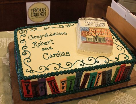 What a beautiful cake for the book launch of Frenchtown, New Jersey by Robert Rando and Carolina Scutt.  http://www.arcadiapublishing.com/9781626197114/Frenchtown-New-Jersey-History-Along-the-River Open Book Cakes, Library Cake, Meat Cooking Times, Book Birthday Parties, Book Launch Party, Birthday Sheet Cakes, Book Cakes, Party Cooking, Book Cake