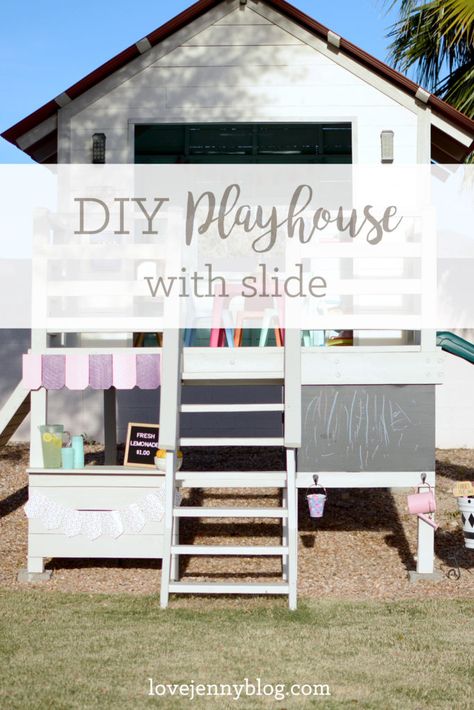 Diy Playhouse With Slide, Diy Clubhouse, Wall Chalkboard, Kids Clubhouse, Playhouse With Slide, Slide Rock, Playhouse Plans, Diy Playhouse, Backyard Playhouse