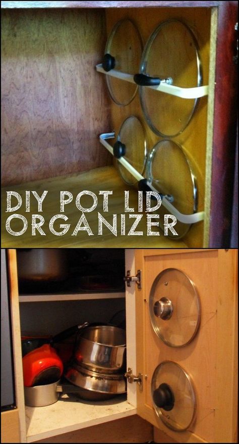 How to store all the pot and pan lids in your kitchen ;) Pan Storage Diy, Cabinet Organization Diy, Pot Lid Organizer, Diy Organizers, Pantry Door Organizer, Pot Lid Storage, Kitchen Credenza, Diy Organizing, Pot And Pans Organization