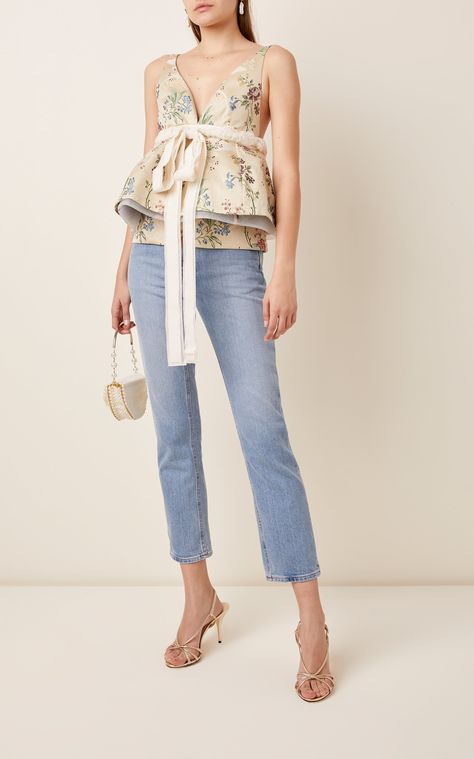 Jacquard Top Outfit, Brock Collection, Jacquard Top, Peplum Jacket, Top Outfit, Floral Jacquard, Peplum Hem, Fashion Design Clothes, Dressy Casual