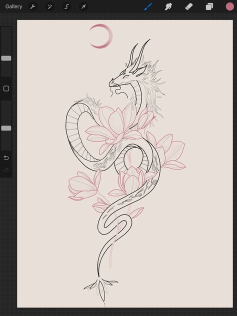 Dragon Moon Flower Tattoo, Dragon And Lotus Tattoo For Women, Tattoo Ideas Chinese Dragon, Chinese Dragon Minimalist, Lotus Flower Dragon Tattoo, Lotus Dragon Tattoo, Dragon With Lotus Flower Tattoo, Dragon With Moon Tattoo, Moon And Dragon Tattoo