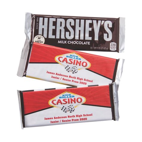 Up the ante at casino night and feel like a high roller with these customized stickers on your own Hershey's® bars or other standard sized candy bars! Perfect for any casino themed event, these sticker labels can be customized with your group's name and the event name or a short message. They're a great touch as party favors for a fundraising event, corporate event or other special occasion. Personalize with two lines of text. Vinyl. 5 1/4" x 2 3/4" Candy sold separately. © OTC Casino Theme Party Food, Casino Prom, Appreciation Themes, Bar Stickers, Casino Birthday Party, Teacher Appreciation Themes, Customized Stickers, Candy Bar Wrapper Template, Post Prom